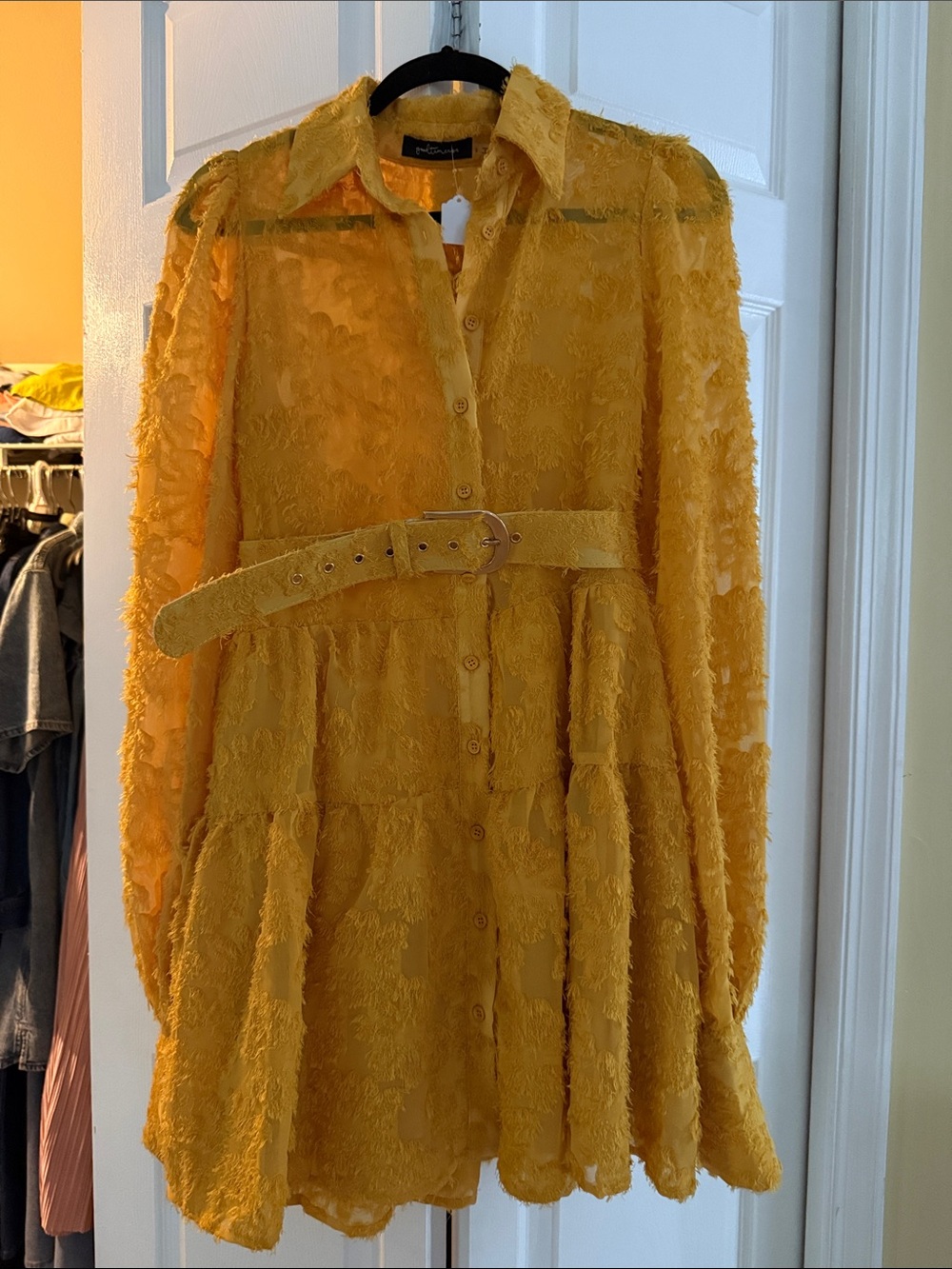 Textured Belted Shirt Jacket in Mustard Yellow